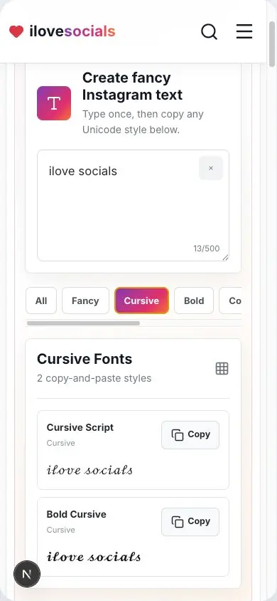 Instagram Fancy Fonts Generator showing the Cursive font category and generated styles