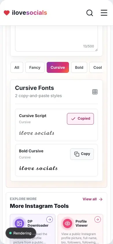 Instagram Fancy Fonts Generator showing copied cursive text results