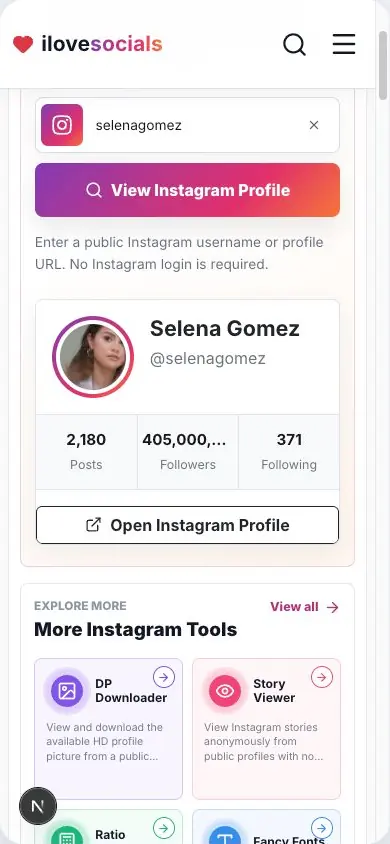 Instagram Profile Viewer result showing Selena Gomez profile details and follower totals