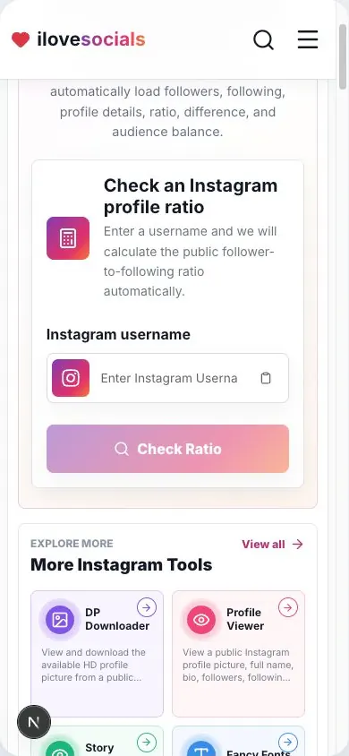 Instagram ratio calculator mobile page showing the username field