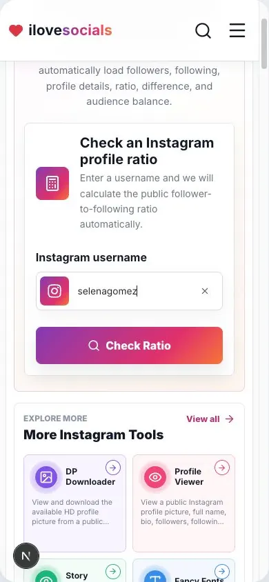 Instagram ratio calculator with selenagomez entered and the Check Ratio button ready