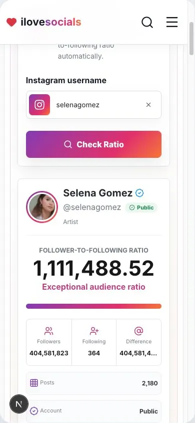 Instagram follower-to-following ratio result for Selena Gomez