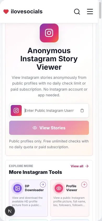 Anonymous Instagram Story Viewer mobile page showing the username input