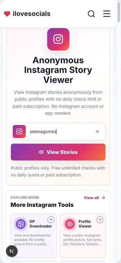 Instagram Story Viewer with selenagomez entered and the View Stories button ready