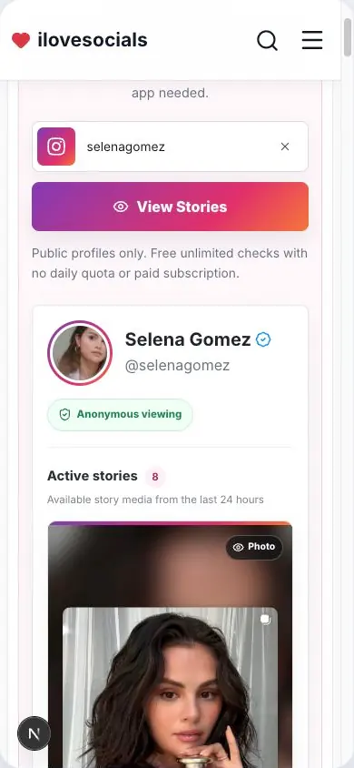 Anonymous Instagram Story Viewer result showing active Selena Gomez stories