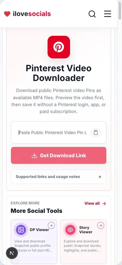 Pinterest Video Downloader mobile page showing the Pin URL input