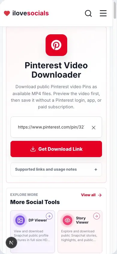 Pinterest Video Downloader with a real public video Pin URL entered